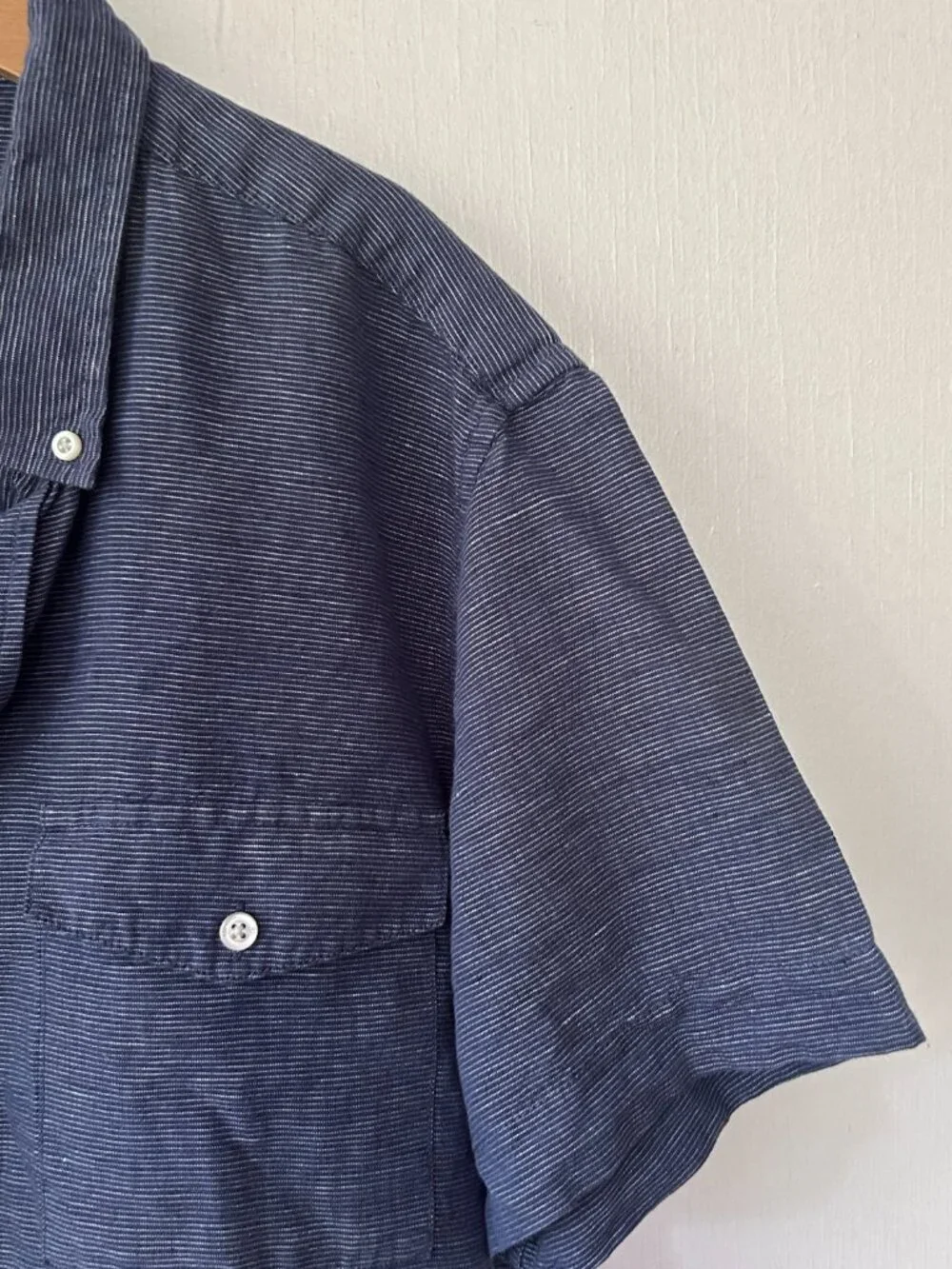 Banana Republic Slim Fit Linen Cotton Shirt Mens Large Blue Chest Pockets Preppy